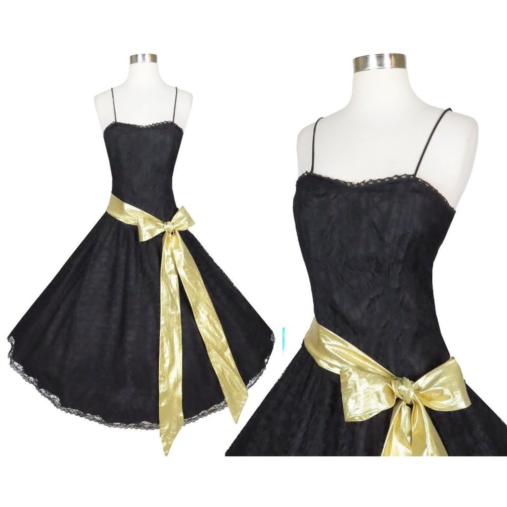 Vintage 80s 50s Black Lace Gold Metallic Bow Full Skirt Prom Party Dress S M